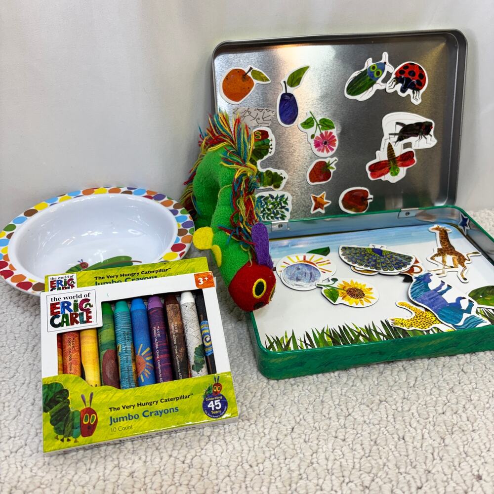 Eric Carle Very Hungry Caterpillar Lot of 4: Crayons Magnets Plush Melamine Bowl